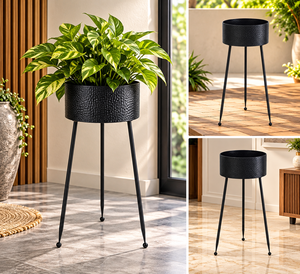 Jardinière en métal texturé noir avec support haut à trois pieds, pot de fleurs rond moderne pour l'intérieur, l'extérieur, le jardin, le balcon, le salon - Product Image 2