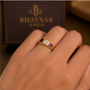 22K Gold Band Ring for Men Featuring a Central Round Brilliant Solitaire and Two Ruby Red Baguette Gemstones - Product Image 6