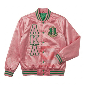 rose vert femmes hiver Alpha |   Kapa |   Blouson bomber en satin Alpha Sorority avec lettres grecques, coupe-vent, blouson bomber AKA Sorority pour femme, veste courte - Product Image 1