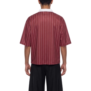 เสื้อรักบี้ชาย สีแดงเลือดหมู ลายทาง คอปกสีขาว ทรงโอเวอร์ไซส์ เสื้อกีฬาขายส่ง - Product Image 3