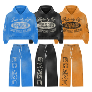 Custom Men Vintage Washed Tracksuit Set Hoodie Jogger Set Printed Streetwear Sweat Suit OEM ODM Private Label - Product Image 1