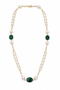 Collar Personalizado Chapado en Rodio con Cuentas Ovaladas Verde Esmeralda, Cadena de Perlas de Doble Hilera, Joyería de Lujo para Novia - Product Image 2
