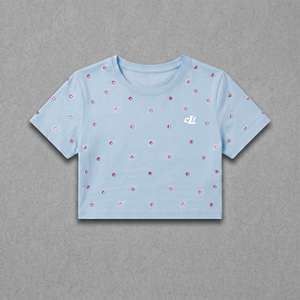 T-shirt court décontracté pour femme à coupe classique, orné de strass, à manches courtes, col rond, collection Printemps-Été, style boutique personnalisé - Product Image 3
