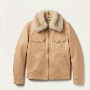 เสื้อแจ็คเก็ตหนังผู้ชายพร้อมปกขนสัตว์เทียมแบบซิป - Product Image 1