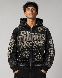 Sweat à capuche zippé en molleton épais avec strass et délavage acide, imprimé graphique, style punk streetwear Y2K pour homme - Product Image 6
