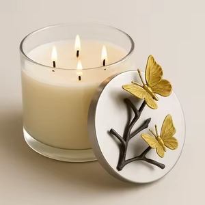 <b>Glass</b> Candle Jar Clear 3 Wick <b>Container</b> Silver Top Gold Butterfly Branch Figurine Home Aromatherapy Spa Luxury <b>Glass</b> Candle Jar - Product Image 1