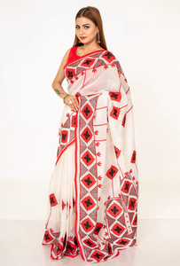 Sari Tradicional Indio de Algodón de Bengala Occidental, Estampado Geométrico Rojo y Negro, Largo Regular, para Bodas, Estilo Bollywood para Mujer - Product Image 2