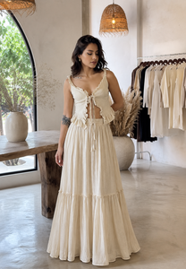 Elegant Cream Beige <b>Boho</b> Maxi <b>Dress</b> Set for Women, Luxury Ruffle Tie Front Resort Wear Outfit for <b>Summer</b> - Product Image 3