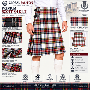 Kilt écossais plissé taille haute en polyviscose pour homme 2026, motif tartan blanc et rouge, tenue traditionnelle écossaise - Product Image 4