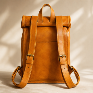 Vintage Mustard Leather <b>Roll</b> <b>Top</b> <b>Backpack</b> Travel Laptop Rucksack Casual Buckle Bag for Men Women Daily Use - Product Image 3