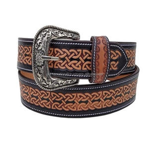 Durable Stitched Hand Carved <b>Engraving</b> Men's Fashion Western Leather <b>Tooling</b> Belt with Designer Brass Buckle Set - Product Image 4