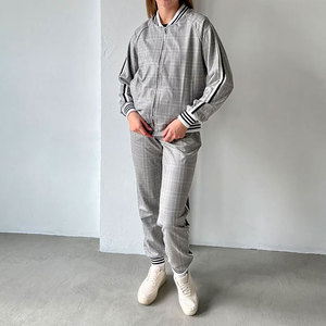 Ensemble de survêtement à carreaux pour femmes, manches longues, fermeture éclair, style décontracté, respirant, polyester et coton, vêtements d'automne - Product Image 1