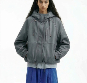 Chaqueta Bomber con Capucha para Mujer, Color Gris Sólido, Poliéster, Resistente al Viento, Estilo Utilitario, Cierre de Cremallera, Manga Larga, Ropa de Abrigo para Otoño - Product Image 1
