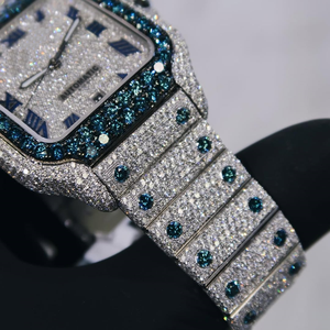 Limited Edition Modern Iced Blue Diamond Bezel Stainless Steel Square Automatic <b>Mechanical</b> <b>Watch</b> Blue Roman Numerals Full Bling - Product Image 3