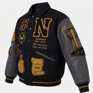 Custom Black Varsity <b>Jacket</b> with Gray <b>Faux</b> <b>Leather</b> Sleeves, Gold Applique Patches, Button Front and Striped Ribbed Hem Cuff - Product Image 3
