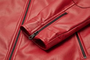 Blouson moto homme en cuir PU rouge, col montant, fermeture éclair, coupe ajustée, longueur standard, couleur unie, style motard, pour l'automne - Product Image 5