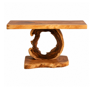 Mesa Consola de Madera Suar Sólida de Lujo Orgánica al por Mayor con Borde Natural y Base Anular Escultural para Uso en Vestíbulos de Hotel - Product Image 1
