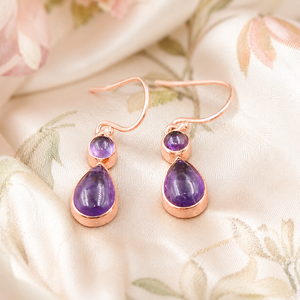 Pendientes Colgantes de Amatista Natural con Doble Piedra, Plata de Ley 925, Chapados en Oro Rosa y Amarillo, Joyería Artesanal con Gema en Forma de Lágrima - Product Image 4