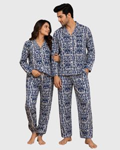 Ensemble de pyjama assorti pour couple, imprimé floral bleu et blanc, en coton, manches longues, vêtements de nuit - Product Image 1