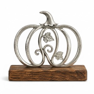 Objeto Decorativo de Calabaza Plateada sobre Base de Madera, Decoración Rústica de Otoño para Mesa, Adorno de Halloween - Product Image 1