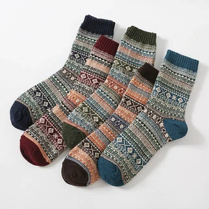 Calcetines Unisex de Lana 100% OEM, Gruesos, Transpirables, con Patrón Geométrico Jacquard, Estilo Retro, Bloques de Color, Medios, Cálidos para Invierno - Product Image 1