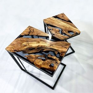 Table basse moderne en bois de noyer massif avec bord naturel, époxy, durable, pliable, éco-responsable, avec structure en fer, facile à assembler, noire - Product Image 3