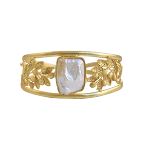 Bracelet manchette tendance en perles d'eau douce baroques, plaqué or 24 carats, serti de pierres, motif floral, pour anniversaire - Product Image 1