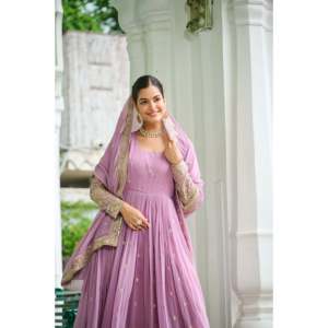 Faux Georgette Dusty Embroidered Evening <b>Gown</b> with Dupatta - Product Image 1
