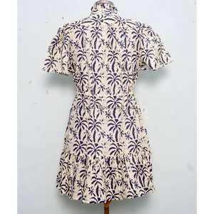 Stylish Elegant Vintage Summer Beach <b>Mini</b> Dress Women Handmade Organic Cotton O-Neck Long Sleeve A-Line Floral Print Breathable - Product Image 6