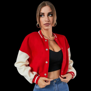 Premium Women's Red <b>White</b> Eco-Friendly Wool Leather Winter Varsity <b>Jacket</b> <b>Short</b> Cropped Button up Collar Full Sleeve OEM - Product Image 1
