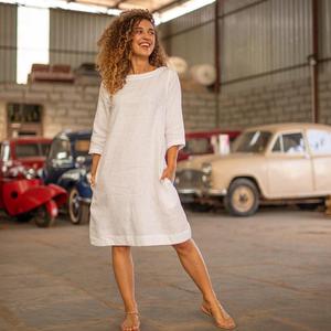 Robe mi-longue en coton et lin pour femmes, coupe ample, décontractée, col rond, manches 3/4, couleur unie, robe d'été pour dames - Product Image 3