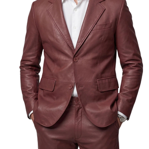 Blazer de Cuero Genuino Color Borgoña para Hombre, Corte Entallado, Chaqueta de Traje de Un Solo Pecho - Product Image 5
