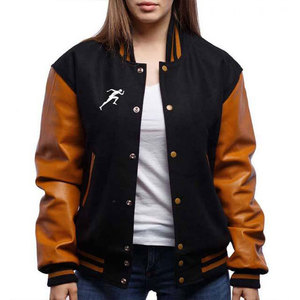 Veste universitaire pour femme de haute qualité, vêtement d'extérieur décontracté et tendance, respirant, avec manches en cuir et fermeture boutonnée sur le devant. - Product Image 1