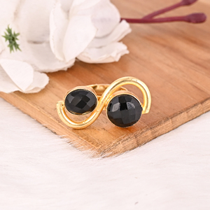 Elegant Gold Plated Black Onyx Dual Stone Gemstone <b>Ring</b> Handmade Adjustable Stylish Jewelry for Women - Product Image 4