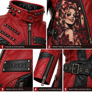 <b>Women</b> Red Genuine Leather <b>Jacket</b> Gothic Harley Girl Rose Print Spiked Stud Stand Collar Buckle Waist Long Coat Factory Offer - Product Image 6