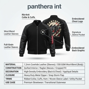 Premium <b>Sheepskin</b> Leather Bomber <b>Jacket</b> for Men Custom Full-Grain Embroidered Streetwear - Product Image 5