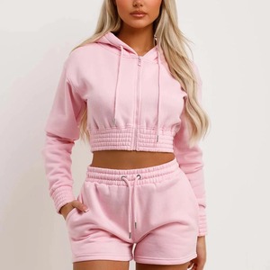 Conjunto de Sudadera con Capucha y Pantalones Cortos para Otoño/Invierno, Diseño OEM Cosido a Máquina, Sudadera Corta Lisa Teñida y Pantalones Cortos, Conjunto de Dos Piezas para Mujer - Product Image 2