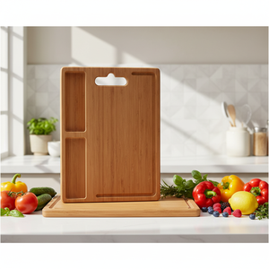 Planche à découper rectangulaire en bambou TianJiao, épaisseur 2,0 cm, pour cuisine, fromage et charcuterie, avec 2 compartiments intégrés - Product Image 6