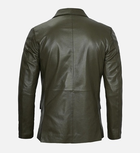 Blazer en cuir vert olive pour homme, coupe ajustée, col rabattu, simple boutonnage, style décontracté chic, idéal pour l'automne - Product Image 2