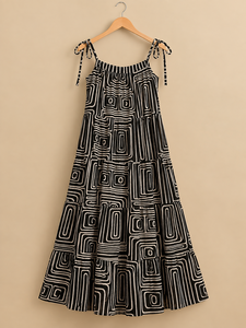 Geometric Print Empire Waist A-Line Midi <b>Dress</b> Spaghetti Strap Lace Up Casual <b>Summer</b> <b>Dress</b> Woven Viscose Polyester <b>Loose</b> Fit - Product Image 5