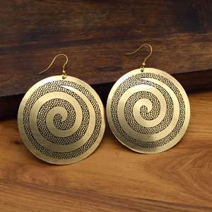 Wholesale Indian Handcrafted Brass Spiral <b>Disc</b> Earrings Antique <b>Gold</b> Tone Engraved Round Dangle Bohemian Ethnic Fashion Jewelry - Product Image 1
