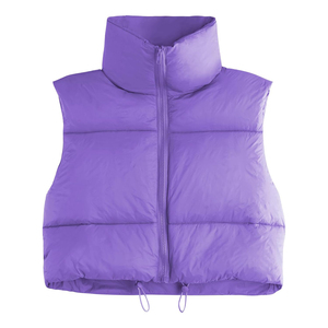 Dernier modèle de gilet matelassé pour femme à col montant, couleur unie, fermeture éclair, coupe courte, vêtement d'extérieur décontracté, coupe-vent, imperméable, avec fourrure - Product Image 4