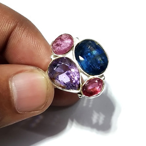 Bague Statement en Argent Sterling 925 avec Cyanite Bleue Naturelle, Améthyste, Rubis Rose, Grenat et Multiples Pierres Précieuses, Style Bohème, Sertissage Clos - Product Image 1