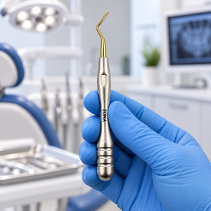 Gold Plasma Coated Curved Root Elevator Angled Tip Titanium <b>Nitride</b> Stainless Steel Tooth Extraction Instrument CE Certified - Product Image 3