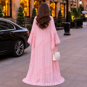 Luxury Pink Lace Modest Kaftan Women Premium Dubai Style Open Front <b>Abaya</b> <b>Prayer</b> Wear Maxi Floral Lace - Product Image 4