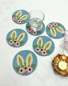 Handmade Bunny Ears With Flowers Round Beaded Coaster - Set of 6 by Creative Art Zone - Product Image 1