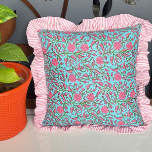 <b>Block</b> Print Boho Cushion Cover With Frill Handmade Cotton <b>Bed</b> Throw Pillows bohemian pillow cushion cover vintage home decor - Product Image 1