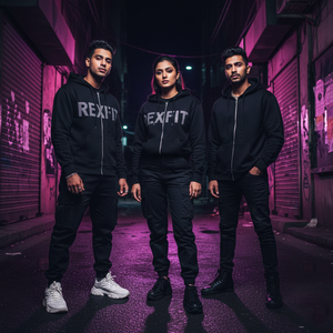 Sudadera con capucha Rexfit Sport para hombre, bordada, de algodón, con cremallera, logotipo personalizado, hombros caídos, estilo oversize, gruesa, con pedrería. - Product Image 2