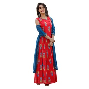 Trendy Women Blue Angrakha <b>Style</b> Layered Maxi <b>Dress</b> with Red Floral Print Long Flared Anarkali Kurti Ethnic Indo <b>Western</b> Wear - Product Image 1