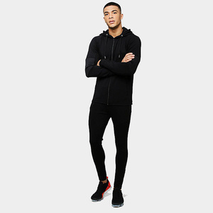 Chándal negro con capucha para hombre, de manga larga, color liso, poliéster y elastano, deportivo, corte regular, para otoño, con bolsillos laterales y cierre de cremallera. - Product Image 3